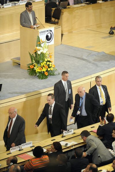 European Union delegates leave a U.N. conference on racism in Geneva during Iranian President Mahmoud Ahmadinejad’s speech.  (Associated Press / The Spokesman-Review)