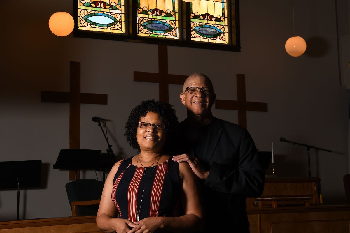 Lonnie Mitchell, Bethel African Methodist Episcopal Church pastor poses for a photo with his wife Elisha Mitchell on Friday, Aug. 14, 2020, at Bethel AME Church in Spokane, Wash.  (Tyler Tjomsland/THE SPOKESMAN-REVIEW)