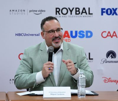 Secretary of Education Miguel Cardona speaks at Secretary of Education Miguel Cardona joins George Clooney for tour of Roybal film and television production magnet school at the Edward Roybal Learning Center on Jan. 9, 2023, in Los Angeles, California.    (Vivien Killilea/Getty Images North America/TNS)