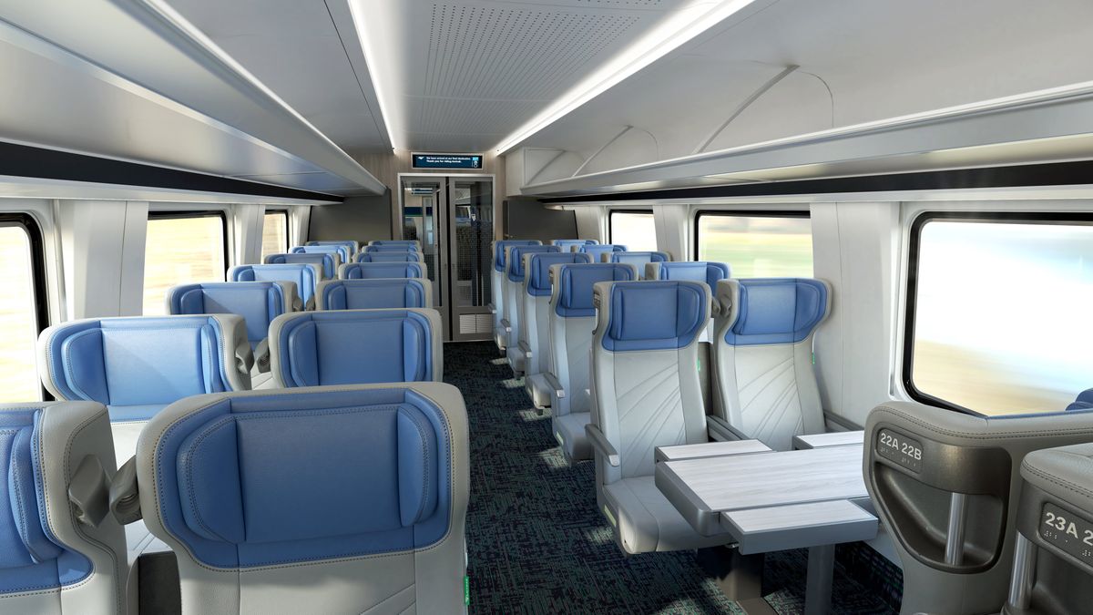 Coach seating on the new Amtrak trains that will debut in 2026 on various routes, including the Northeast Regional. MUST CREDIT: Amtrak  (Amtrak/Amtrak)