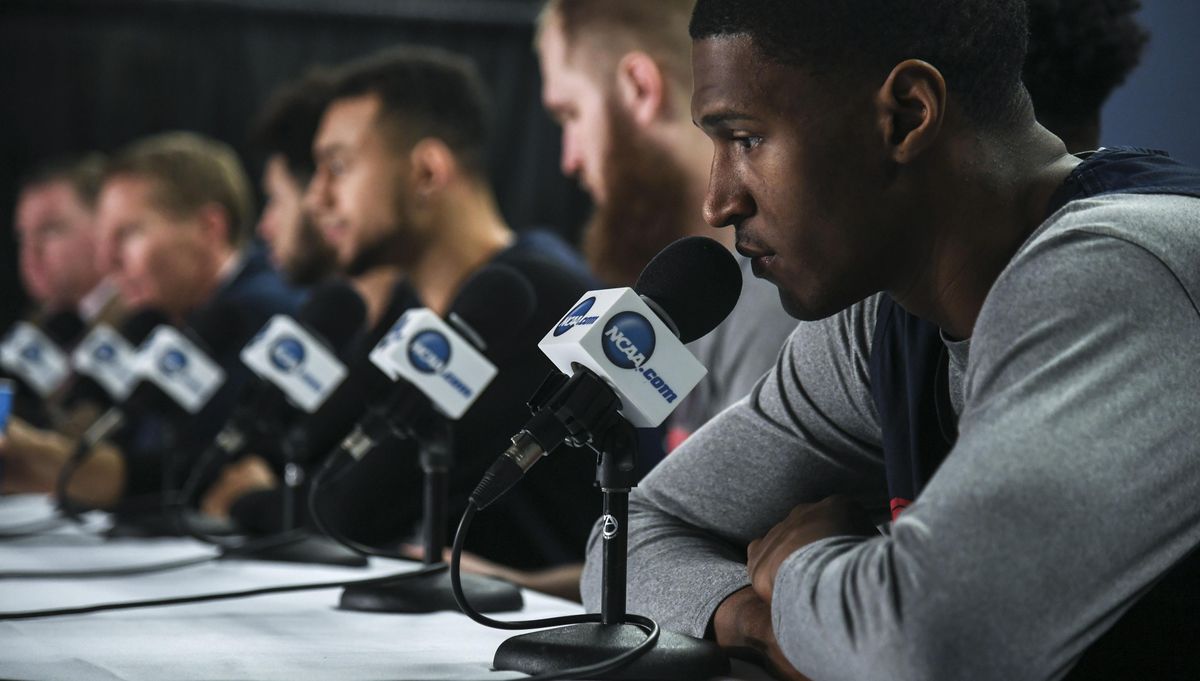 Gonzaga guard Jordan Mathews (right) and teammates answer media questions Friday. (Dan Pelle / The Spokesman-Review)