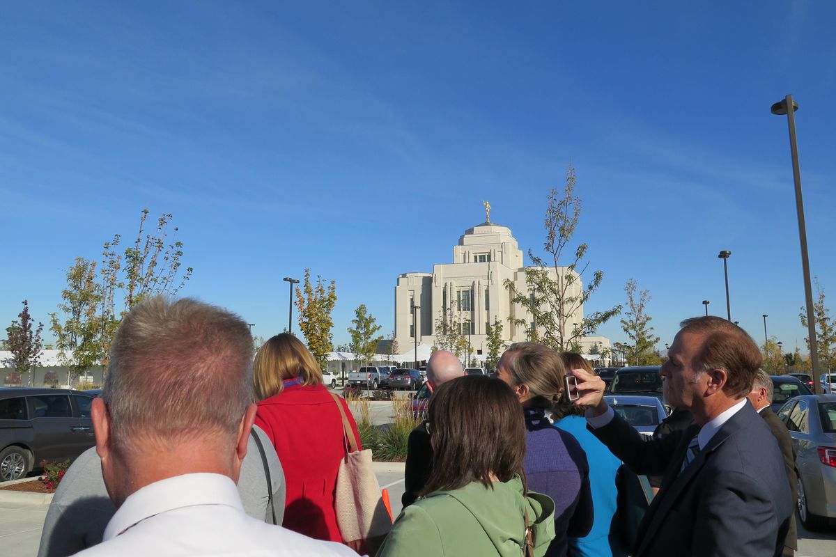 A group of news media representatives and others is led on a tour of the new Mormon temple in Meridian, Idaho, on Monday, Oct, 26, 2017. It’s the LDS Church’s 158th temple, and after it’s dedicated on Nov. 19, no one other than church members will be admitted. (Betsy Z. Russell)