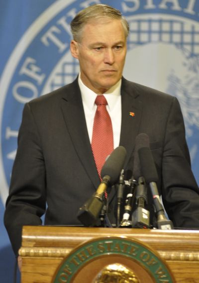 OLYMPIA -- Gov. Jay Inslee denounced vandalism against Hindus and Muslims at a press conference on March 5 (Jim Camden)