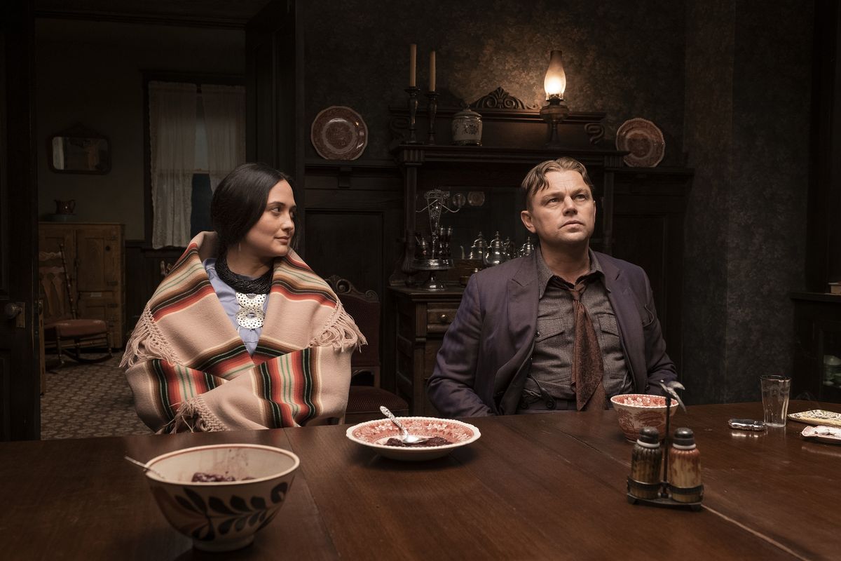 Lily Gladstone and Leonardo DiCaprio in “Killers of the Flower Moon.” The production worked with the Cherokee Nation Film Commission on casting and filmed some days on Cherokee Nation land.  (Apple TV+)
