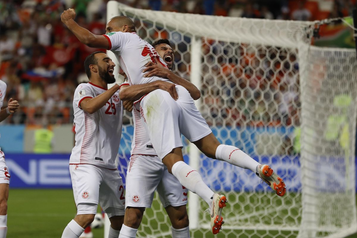 Tunisia’s Wahbi Khazri celebrates with his teammates after scoring his side’s second goal during the Group G match between Panama and Tunisia at the 2018 soccer World Cup at the Mordovia Arena in Saransk, Russia, Thursday, June 28, 2018. (Darko Bandic / Associated Press)