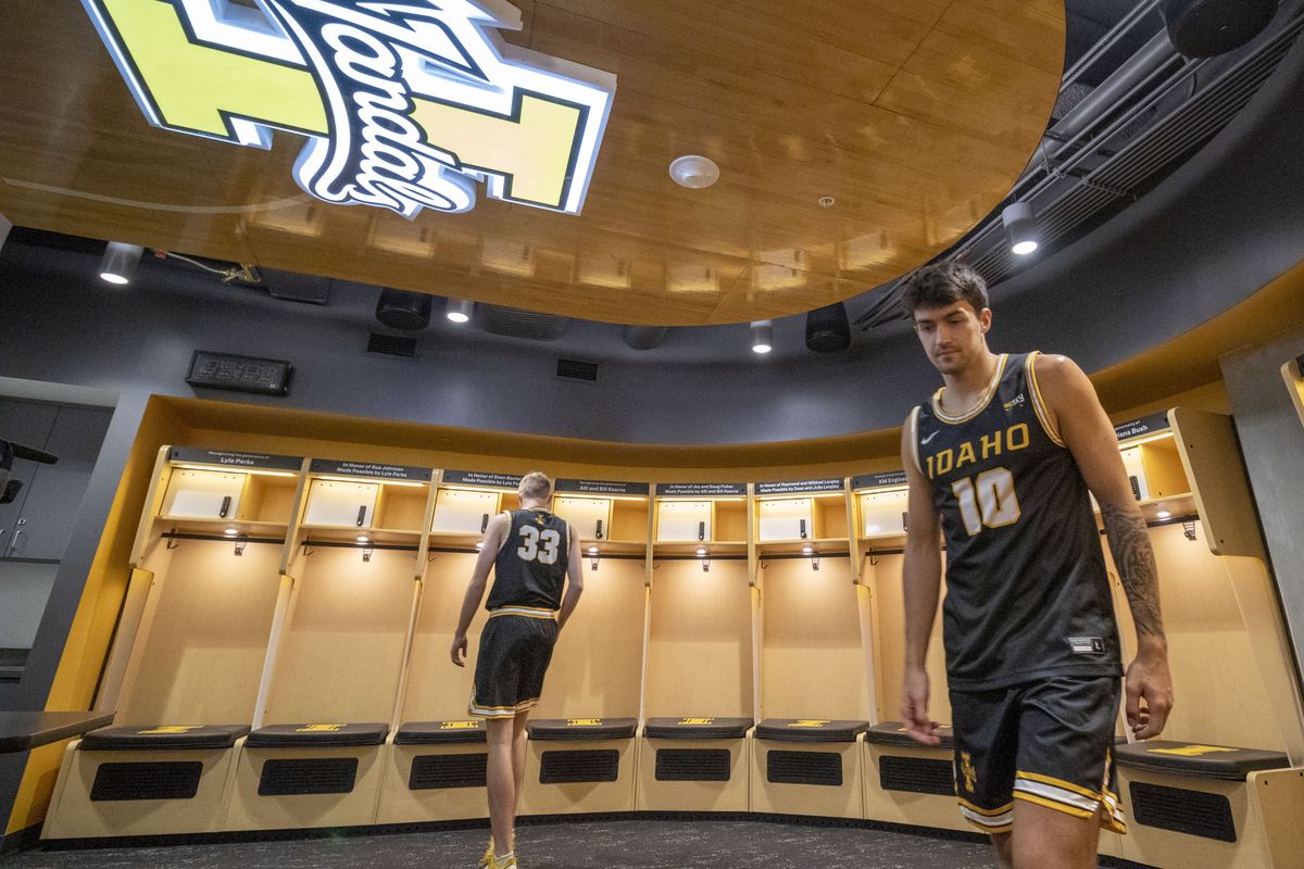 Curved seats lead to the basketball court on Wednesday at the University of Idaho’s ICCU Arena in Moscow, Idaho.  (Geoff Crimmins)