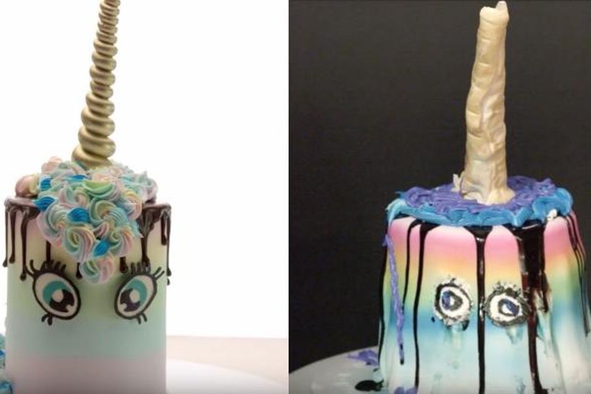 Chris Elam won the grand prize on the new Netflix baking show “Nailed It!” by creating the unicorn cake on the left with his replica on the right. He used a fondant-covered carrot for the unicorn horn. (Netflix via Chris Elam)