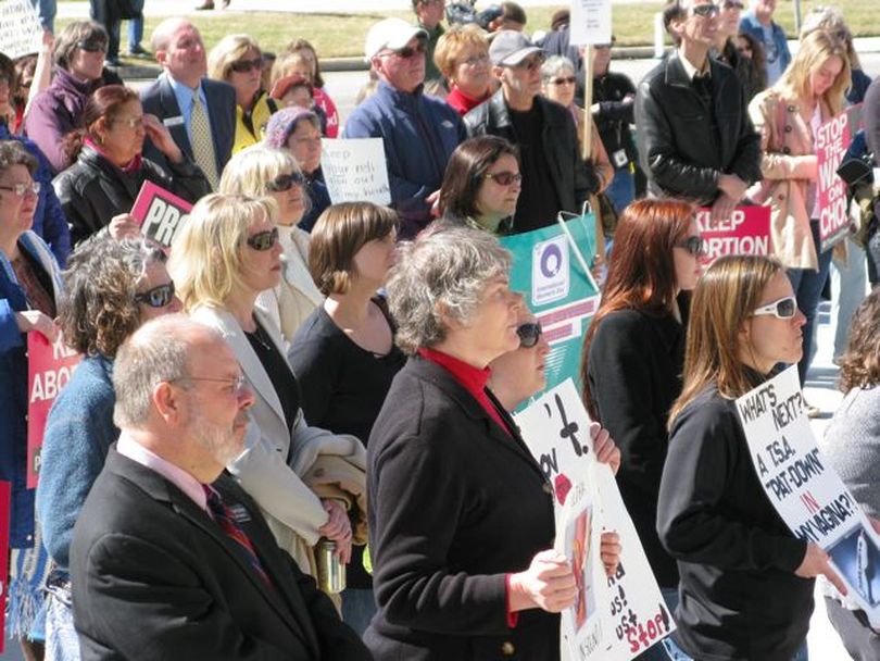 A rally on the Statehouse steps on Thursday drew more than 200 people objecting to legislation to require Idaho women to undergo an ultrasound before they can have an abortion. (Betsy Russell)