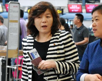 Choi Sun-hee, left, the top North Korean diplomat who handles relations with the U.S. walks prior to her departure for Pyongyang, North Korea, at Beijing Capital International Airport in Beijing Saturday, May 13, 2017. Choi said Pyongyang would be willing to meet with the Trump administration for negotiations “if the conditions are set,” briefly to reporters en route to Pyongyang. She was traveling from Norway, where she led a delegation that held an informal meeting with U.S. experts. (Associated Press)