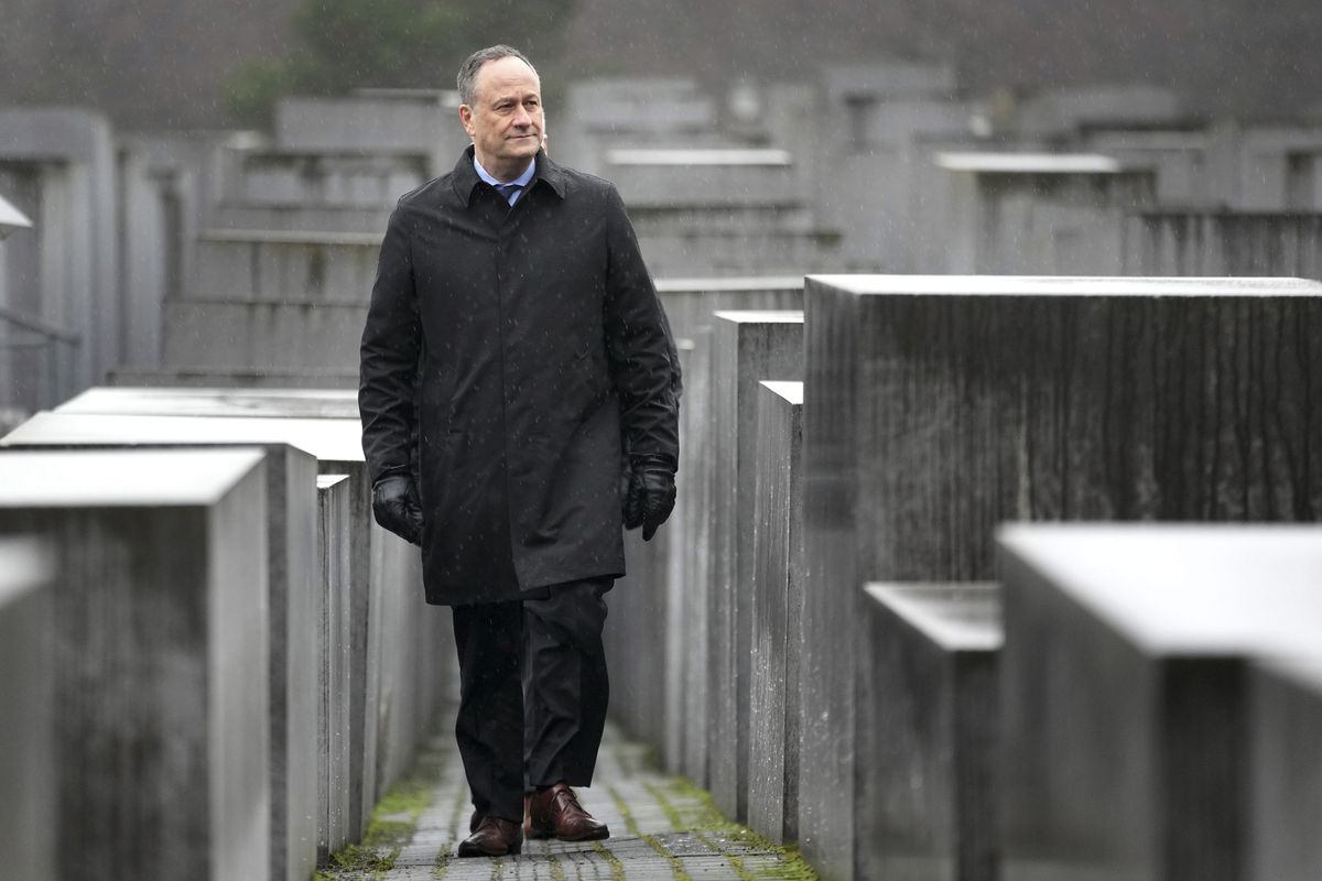 Douglas Emhoff, husband of U.S. Vice President Harris, walks next to the stelae of the Memorial to the Murdered Jews of Europe during his visit to Berlin on Jan 31, 2023.    (Michael Sohn/dpa via ZUMA Press/TNS)