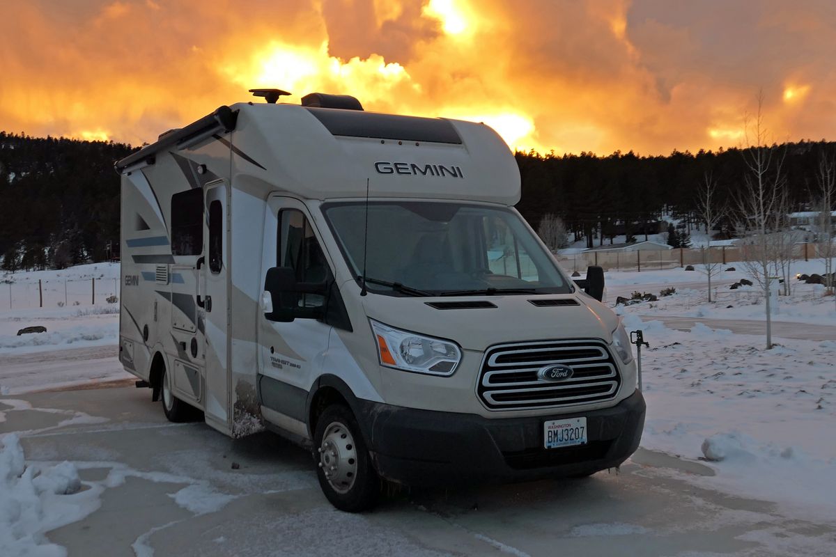 The sun sets over Angel Fire RV Resort in New Mexico, part of a winter and summer resort in New Mexico.  (John Nelson)