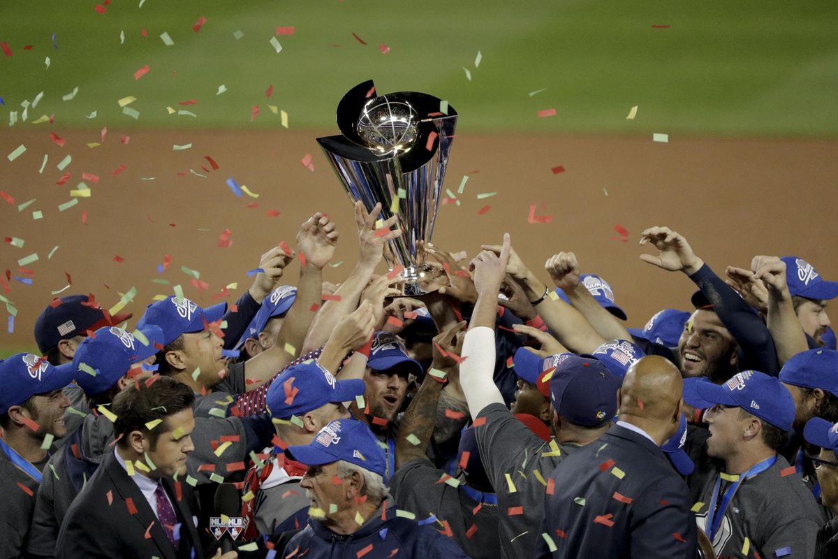 The U.S. team celebrates an 8-0 win over Puerto Rico in the final of the World Baseball Classic in Los Angeles on March 22, 2017. (Jae C. Hong / Associated Press)