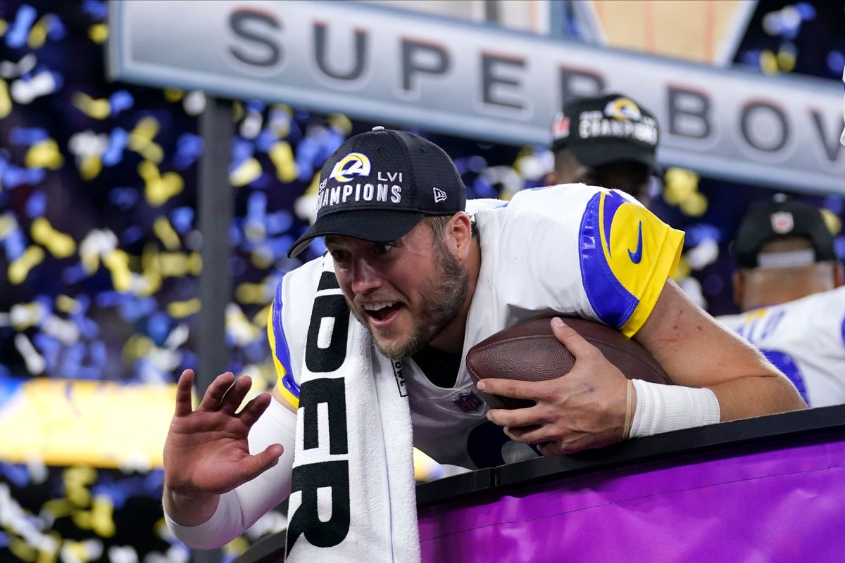 Los Angeles Rams quarterback Matthew Stafford celebrates after the Rams defeated the Cincinnati Bengals in the NFL Super Bowl 56 football game Sunday, Feb. 13, 2022, in Inglewood, Calif. (Marcio Jose Sanchez)