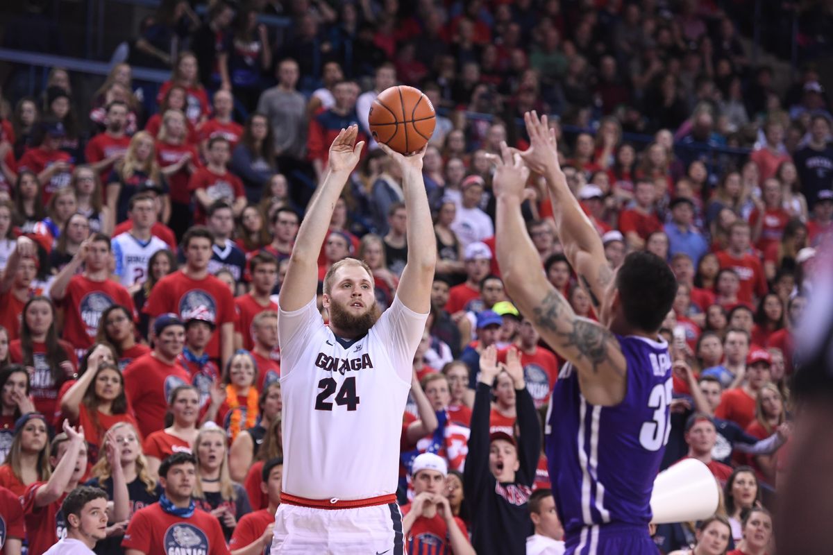 Gonzaga center Przemek Karnowski (24) shoots the ball during first half of an NCAA basketball game, Sat., Jan. 21, 2017, in the McCarthey Athletic Center. (Colin Mulvany / The Spokesman-Review)