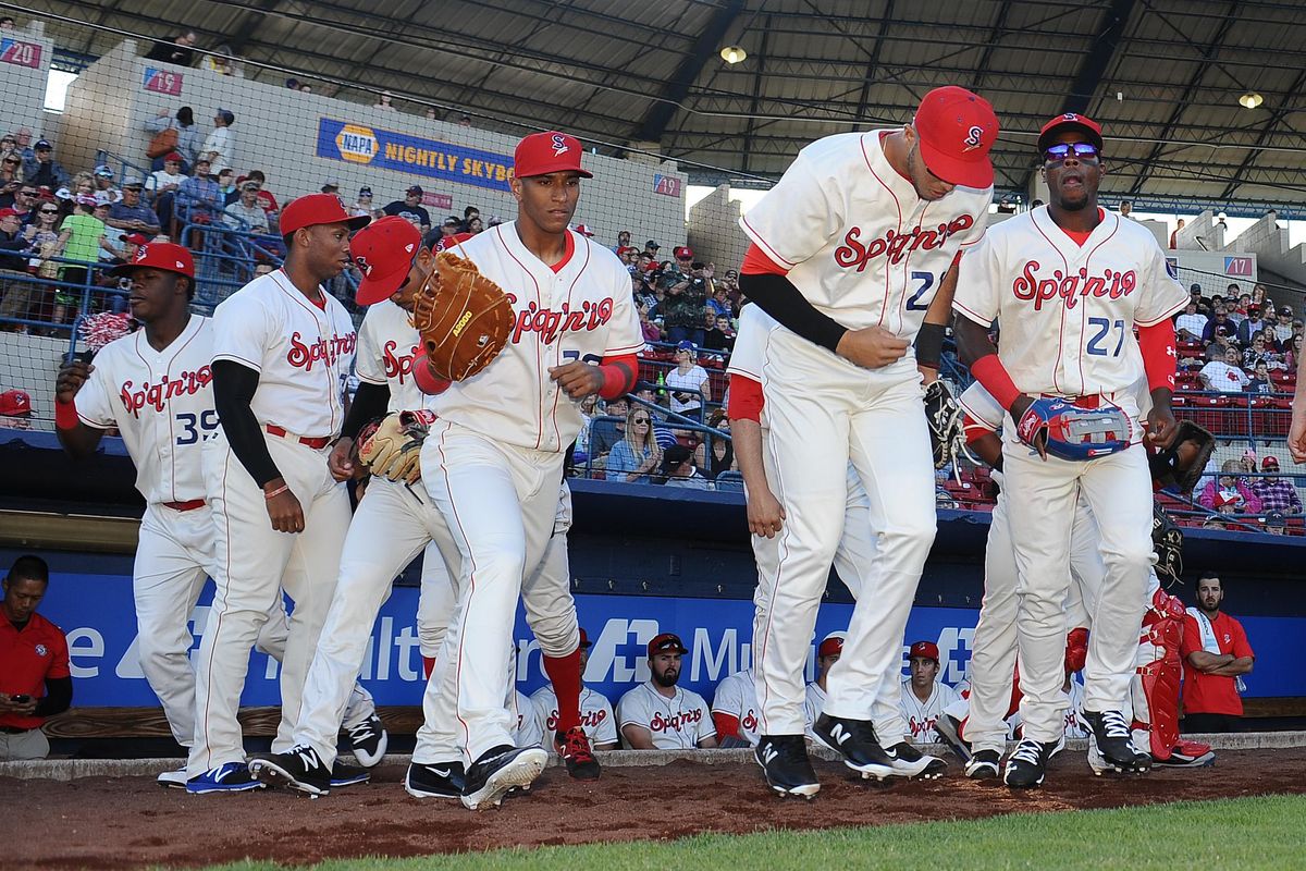 Spokane Indians starting lineup take the field before a game against the Boise Hawks at Avista Stadium on Friday, June 15, 2018. (James Snook / For The Spokesman-Review)
