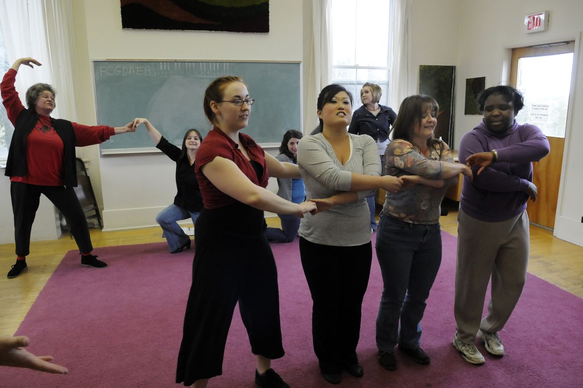 Noree Johnson, Katie Kennedy, Tonya Strickler and Esther Kelley, along with other members of Spokane’s newest community opera company, Northwest Opera Works, rehearse on March 20 for an upcoming debut concert at Holy Names Music Center. (PHOTOS BY J. BART RAYNIAK)