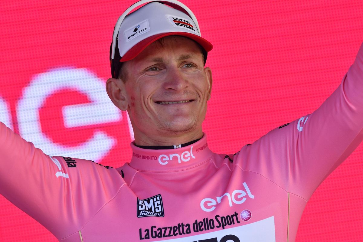 Germany’s Andre’ Greipel celebrates on podium after winning the second stage and take the lead of the Giro d’Italia, Tour of Italy cycling race, from Olbia to Tortoli’, Italy, Saturday, May 6, 2017. (Dario Belingheri / Associated Press)