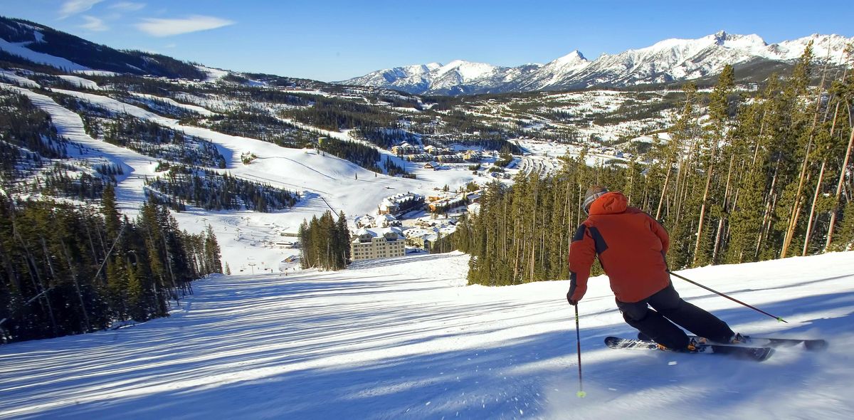 This Feb. 19, 2008 photo released by Big Sky Resort shows a skier at Big Sky Resort in southwestern Montana. (Scott Spiker / AP)