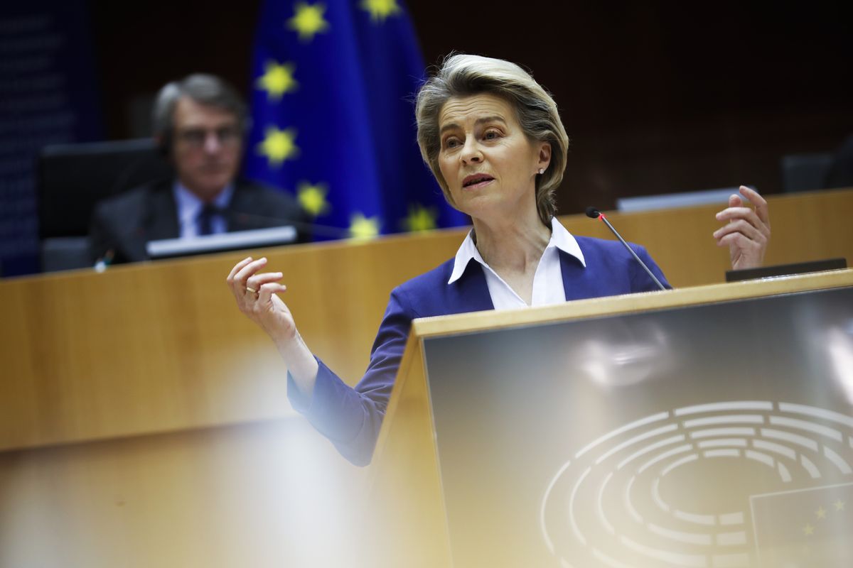 European Commission President Ursula Von Der Leyen addresses European lawmakers during a plenary session on the inauguration of the new President of the United States and the current political situation, at the European Parliament in Brussels, Wednesday, Jan. 20, 2021.  (Francisco Seco)