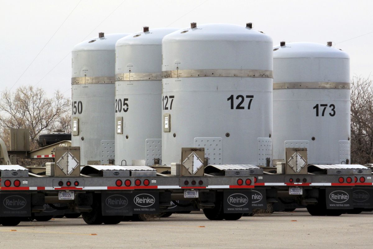 FILE - In this March 6, 2014, file photo, empty nuclear waste shipping containers sit in front of the Waste Isolation Pilot Plant near Carlsbad, N.M. The U.S. government