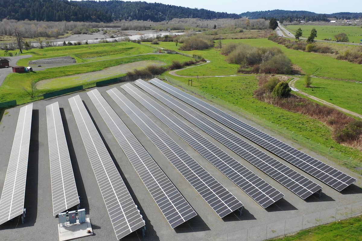 This aerial photo provided by the Blue Lake Rancheria shows a solar array that is paired with a microgrid in Blue Lake, Calif., in 2017. A Native American reservation on California