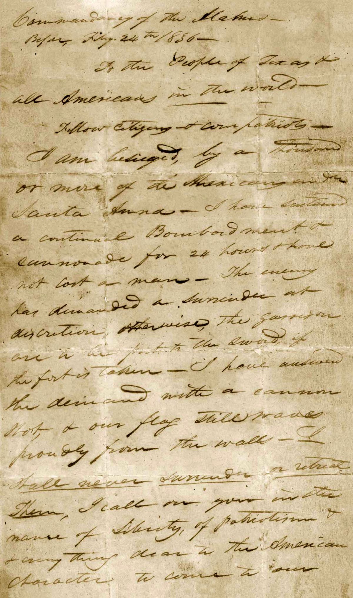 This undated image provided by the Texas State Library and Archives Commission shows a portion of the "victory or death" letter written by William Barret Travis from the Alamo on Feb. 24, 1836. (Texas State Library And Archives Commission)