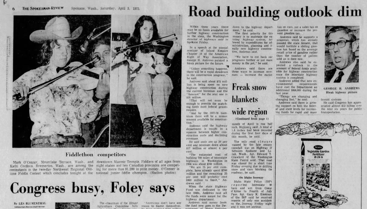 Mark O’Connor, 13, who had performed at the Grand Ole Opry, was in Spokane to perform at the Northwest Regional Old-Time Fiddle Contest, The Spokesman-Review reported on April 5, 1975.  (Spokesman-Review archives)
