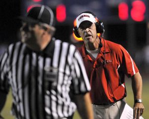 Ferris’ Coach Jim Sharkey lets the referee know he doesn’t like the spot of the ball in the game against Central Valley Friday, Sept. 30, 2011 at Central Valley High School. (Jesse Tinsley / The Spokesman-Review) (Jesse Tinsley / The Spokesman-Review)