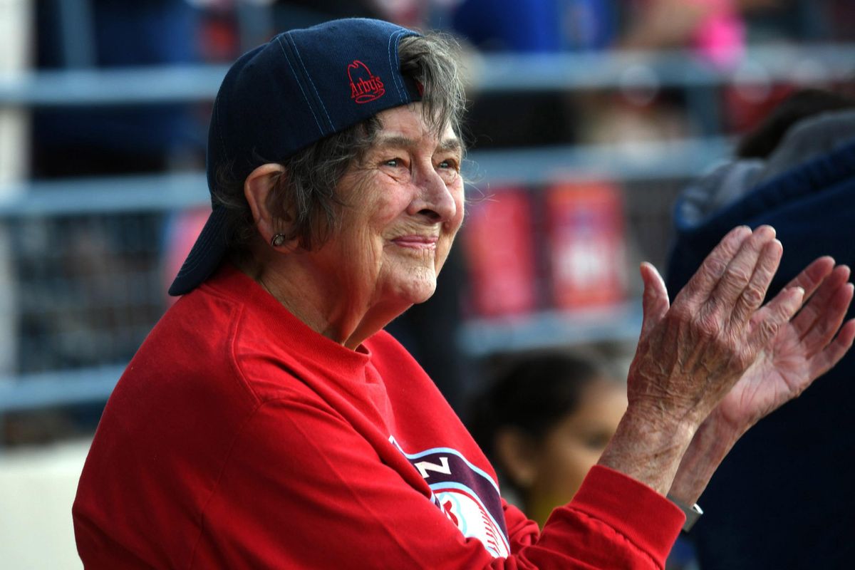 "I just love being here," said Dona Martin as she cheers for the Spokane Indians during Community FanFest at Avista Stadium on Wednesday, June 13, 2018. (Kathy Plonka / The Spokesman-Review)