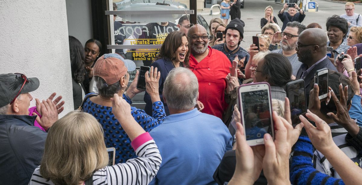 In this March 8, 2019 photo, Sen. Kamala Harris, meets with supporters at Big Mike’s Soul Food, in Myrtle Beach, S.C. Democrats’ road back to the White House runs through the Republican-run South, and not just in the early nominating state of South Carolina. (Jason Lee / Associated Press)