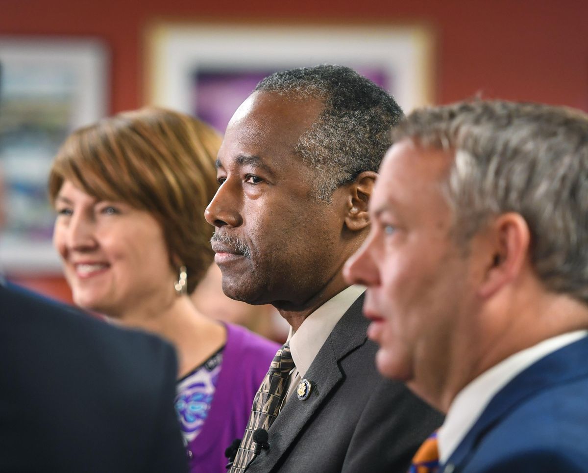 U.S. Secretary of Housing and Urban Development Ben Carson, along with Rep. Cathy McMorris Rodgers and Mayor David Condon, tour the Spokane Resource Center, a HUD EnVision Center, Tuesday, Aug. 13, 2019. (Dan Pelle / The Spokesman-Review)