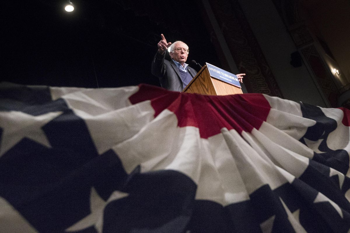 Democratic presidential candidate Sen. Bernie Sanders, I-Vt., speaks during a campaign stop at the Palace Theatre, Monday, Feb. 8, 2016, in Manchester, N.H. (John Minchillo / Associated Press)