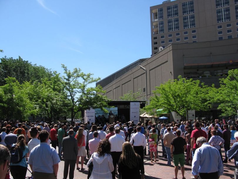 Crowd gathers for groundbreaking ceremony for Boise's City Center Plaza project on Tuesday (Betsy Russell)