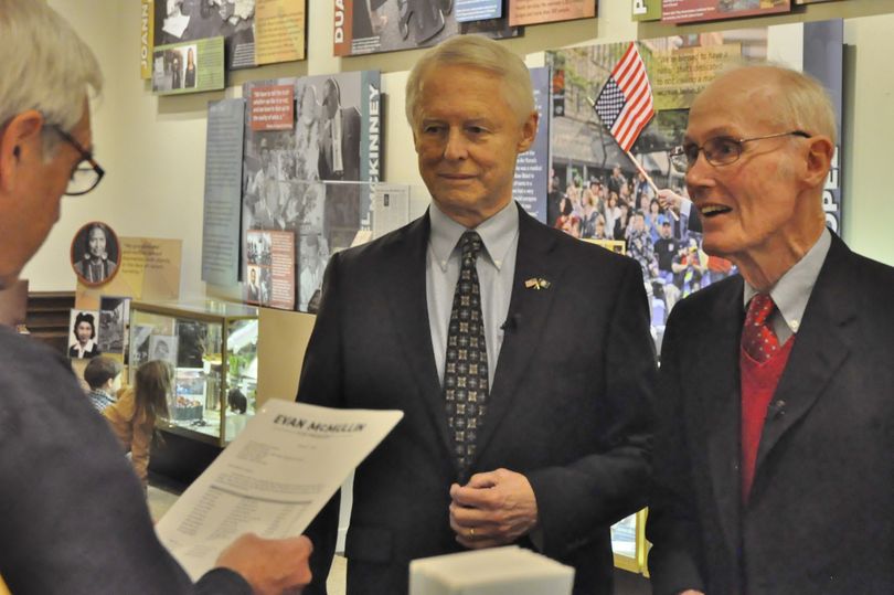 OLYMPIA -- Former U.S. Sen. Slade Gorton (right) and former Washington Secretary of State Sam Reed turn in electors for independent presidential candidate Evan McMullin to David Ammons of the secretary of state's office Wednesday. McMullin is running as a write-in in Washington but is on the ballot in Idaho and 10 other states. (Jim Camden/The Spokesman-Review)