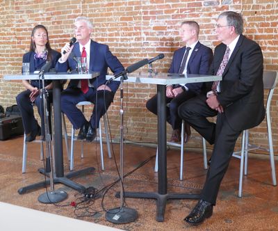 From left, Senate Minority Leader Michelle Stennett, Senate President Pro-Tem Brent Hill, House Minority Leader Mat Erpelding, and House Speaker Scott Bedke address the Idaho Press Club at a 
