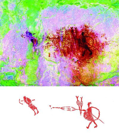 A warrior carrying an atlatl and shield is depicted killing a bow-carrying warrior. The top image is produced by technology called DStretch that highlights ancient pictographs faded by time.  (Courtesy of Larry Loendorf)