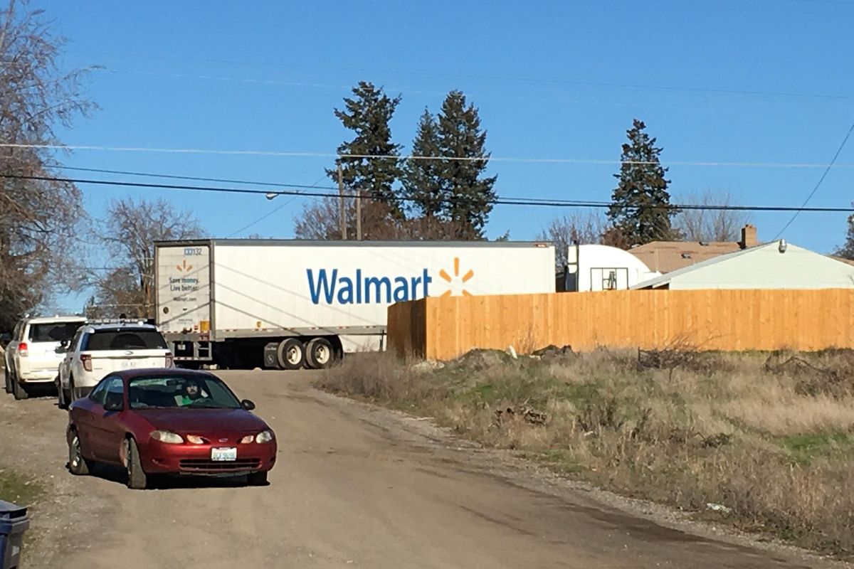 Someone driving a stolen semitruck with a Wal-Mart trailer led authorities on a chase throughout Spokane and an unincorporated part of the county Thursday morning, causing several schools to declare lockdowns. (Jesse Tinsley / The Spokesman-Review)