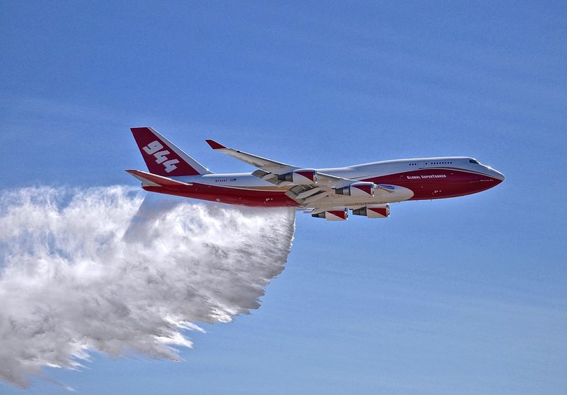 This May 5, 2016, file photo provided by Global Supertanker Services shows a Boeing 747 making a demonstration water drop at Colorado Springs Airport in Colorado Springs, Colo.  (AP / File)