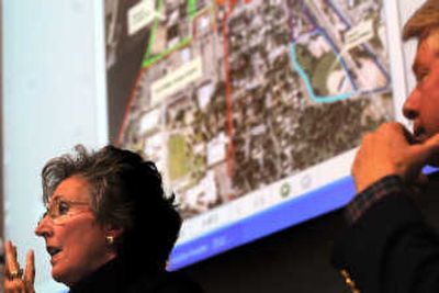 
Coeur d'Alene Mayor Sandi Bloem weighs in on a question during a public forum Thursday on North Idaho College's plans to purchase a 17-acre mill site to create an education corridor. 
 (Rajah Bose / The Spokesman-Review)