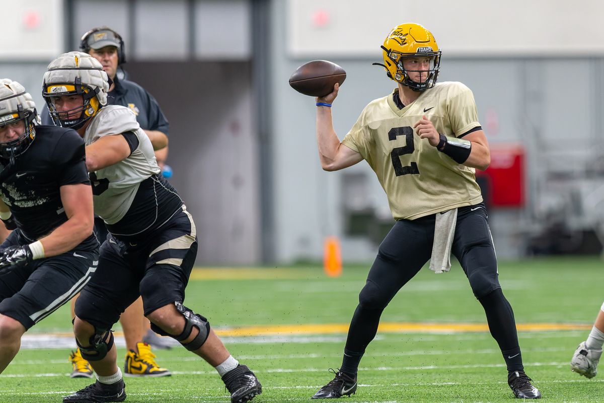 Idaho quarterback Jack Layne looks to pass during an Aug. 17 scrimmage at the Kibbie Dome in Moscow, Idaho.  (Geoff Crimmins/For The Spokesman-Review)