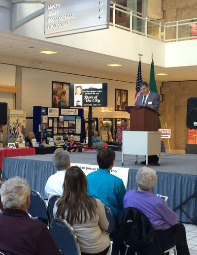 Spokane Valley Mayor Dean Grafos delivers state of the city address on May 5 at Spokane Valley Mall  (Pia Hallenberg)