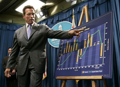 Gov. Arnold Schwarzenegger talks about the drop in state revenue at a news conference in Sacramento, Calif., on Thursday.  (Associated Press / The Spokesman-Review)