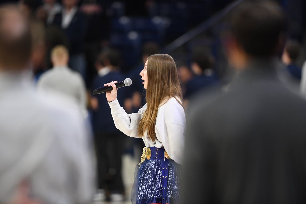 Emmarose Sullivan, who goes to Cusick High School, sings the national anthem at the Gonzaga-North Florida game Monday at McCarthey Athletic Center at Gonzaga.  (Jesse Tinsley/THE SPOKESMAN-REVIEW)