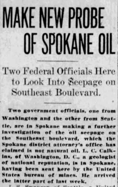 Experts were being called into Spokane to examine if the “seepage” in the basement of a home along Southeast Boulevard was made of natural oil, or was it fake oil as part of a fraud scheme, the Spokane Daily Chronicle reported on Jan. 4, 1921. 