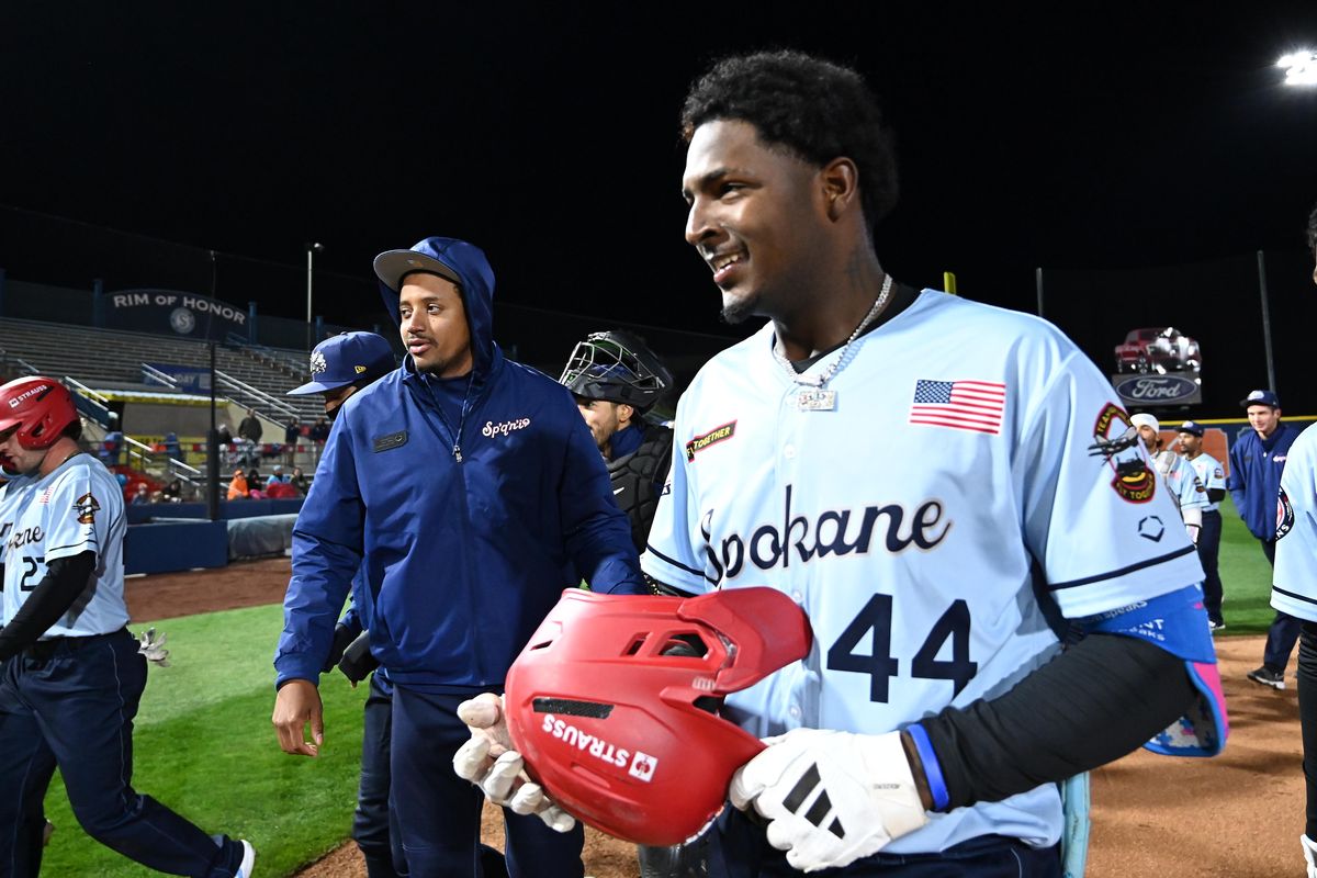 Spokane Indians outfielder Robert Calaz celebrates his game-winning RBI single in the 10th inning against the Vancouver Canadians on April 17, 2026 at Avista Stadium.  (James Snook)