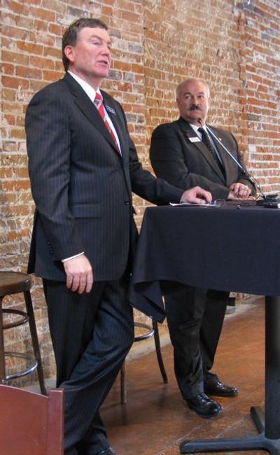 House Assistant Majority Leader Scott Bedke, R-Oakley, left, and Senate President Pro-Tem Bob Geddes, R-Soda Springs, speak to the Idaho Press Club on Tuesday. The two addressed a range of issues in a question-and-answer session with reporters, and said this year's legislative session is approaching its halfway mark. (Betsy Russell)