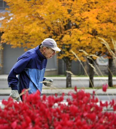 Spokane resident Hampton Irwin, 81, runs past vibrant trees and bushes Friday along Mission Avenue near Perry Street. Warm days and cool nights should allow for great leaf color from now until November. (Dan Pelle)