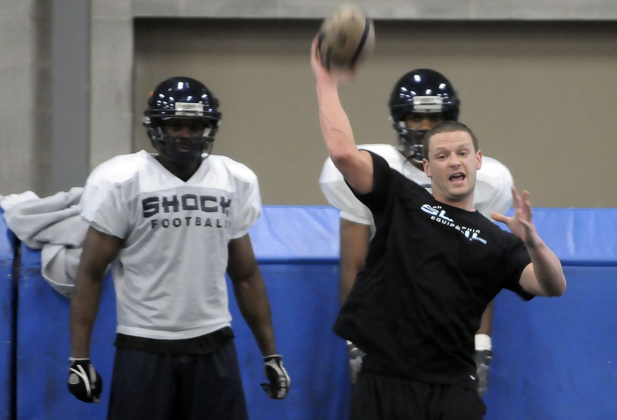 Assistant coach Rob Keefe helps Shock prepare for af2 season.   (Jesse Tinsley / The Spokesman-Review)