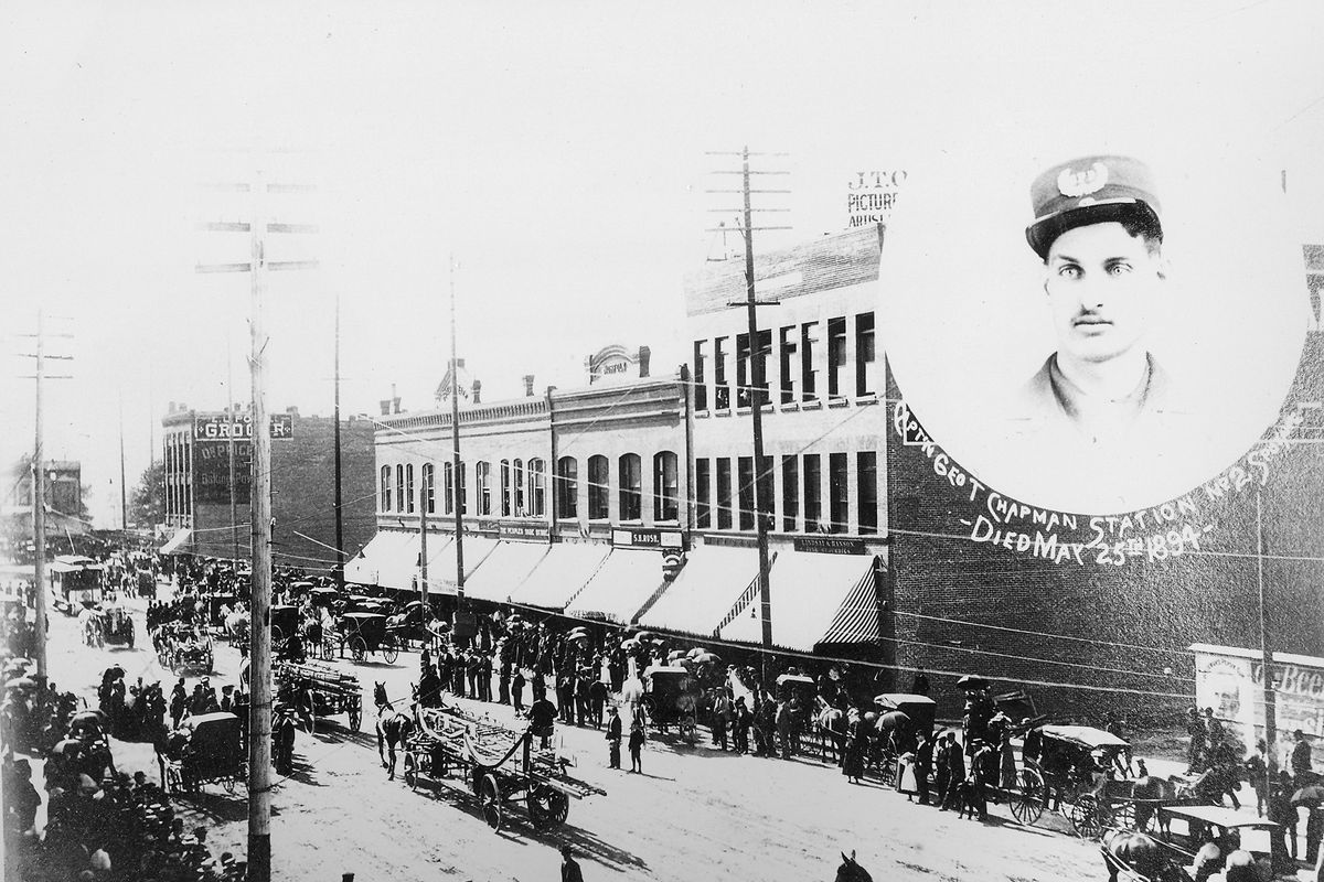This collage shows the portrait and the funeral for George T. Chapman, the first Spokane firefighter to die in the fire service, in 1894. It was likely a collectible photograph.