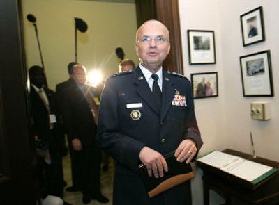 
CIA Director-nominee Gen. Michael Hayden arrives for a meeting Tuesday with Sen. Patrick Leahy, D-Vt., in Washington, D.C. 
 (Associated Press / The Spokesman-Review)